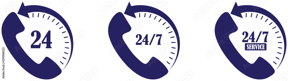 24 7 Service Support open, 24 hours a day, 7 days a week icon set. 24 7 customer support icon. Call center assistance sign. Business helpline contact logo. vector illustration. hotline emergency 24 7 Service Support open, 24 hours a day, 7 days a week icon set. 24 7 customer support icon. Call center assistance sign. Business helpline contact logo. vector illustration. hotline emergency