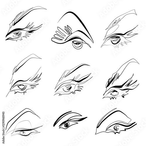 Set of nine black and white minimalist abstract lineart  vector illustrations of female eyes with long lashes
