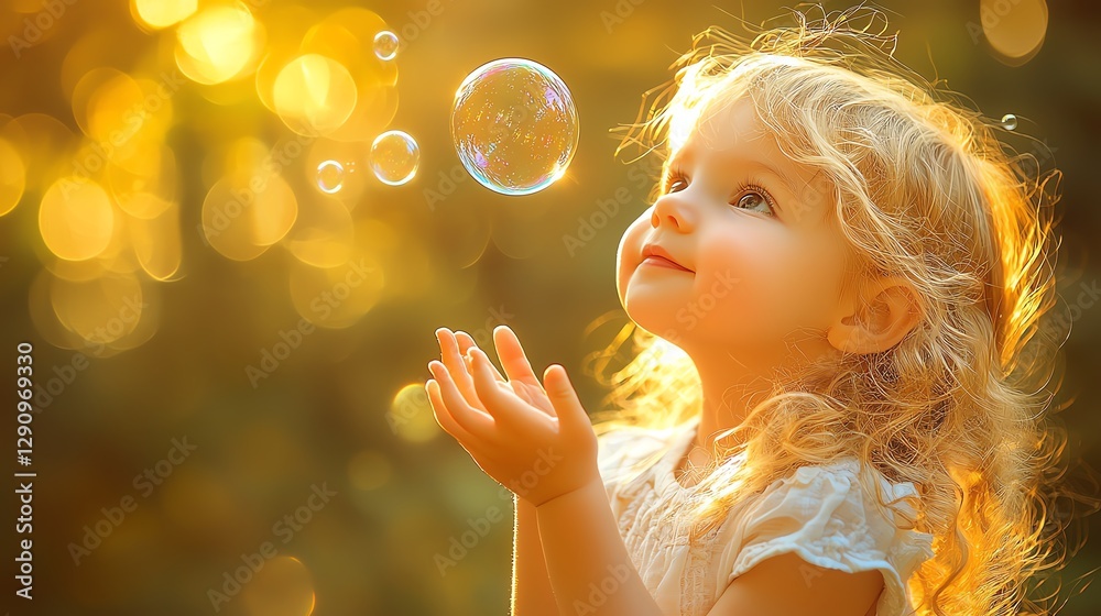 A baby looking at a soap bubble floating in the air A baby looking at a soap bubble floating in the air