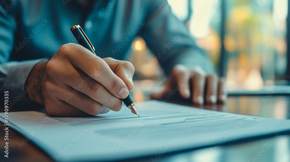 Close-up of a man holding a pen over charts and graphs. He analyzes the data or signs the documents. Close-up of a man holding a pen over charts and graphs. He analyzes the data or signs the documents.