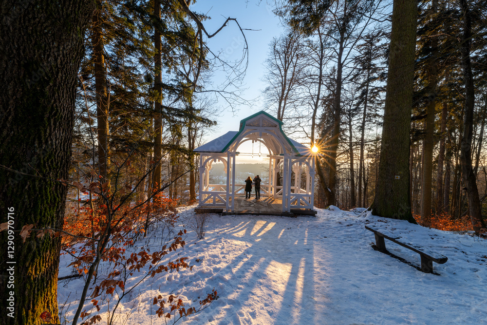 Mescery's lookout - a view point in the spa forest photographed in the winter evening in the backlight - Marianske Lazne (Marienbad) - Czech Republic, Europe