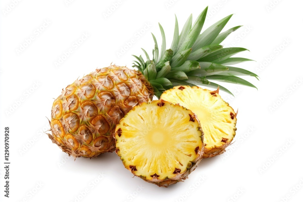 A fresh pineapple cut in half with the whole fruit in the background, perfect for food or still life photography A fresh pineapple cut in half with the whole fruit in the background, perfect for food or still life photography
