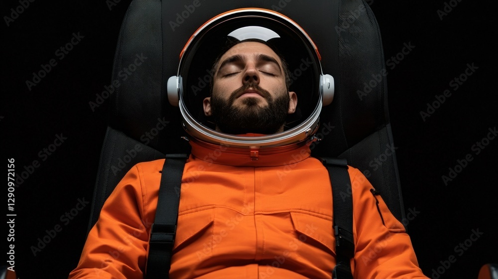 Obraz premium Man in Orange Space Suit Relaxing in Astronaut Chair with Helmet On
