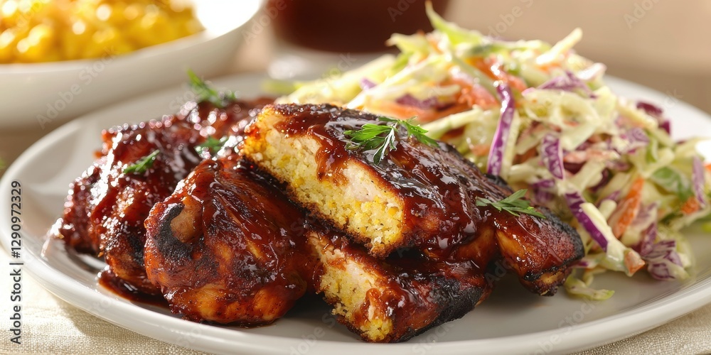BBQ Chicken with Cornbread and Coleslaw on a warm beige background BBQ Chicken with Cornbread and Coleslaw on a warm beige background