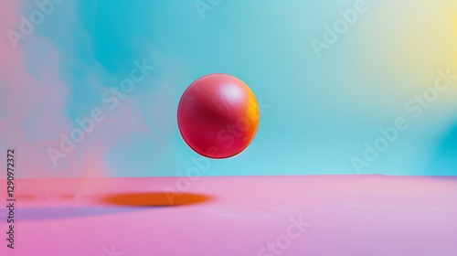 A rubber bouncy ball in mid-air, captured with motion blur against a bright background, showing its vibrant color and bouncing energy.