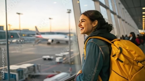 a young multinational woman with a bright backpack on her shoulder stands confidently in a busy airport, she is looking forward to her next adventure, traveling by plane