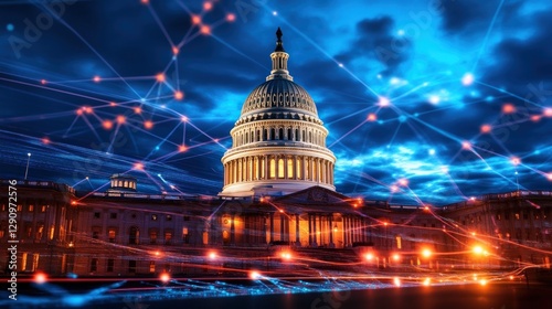 The iconic capitol building adorned with a network of bright lights at night