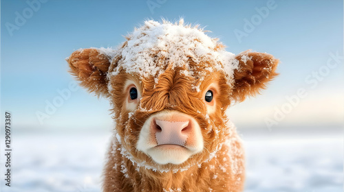 Fluffy Highland calf in snowy field, winter (1)