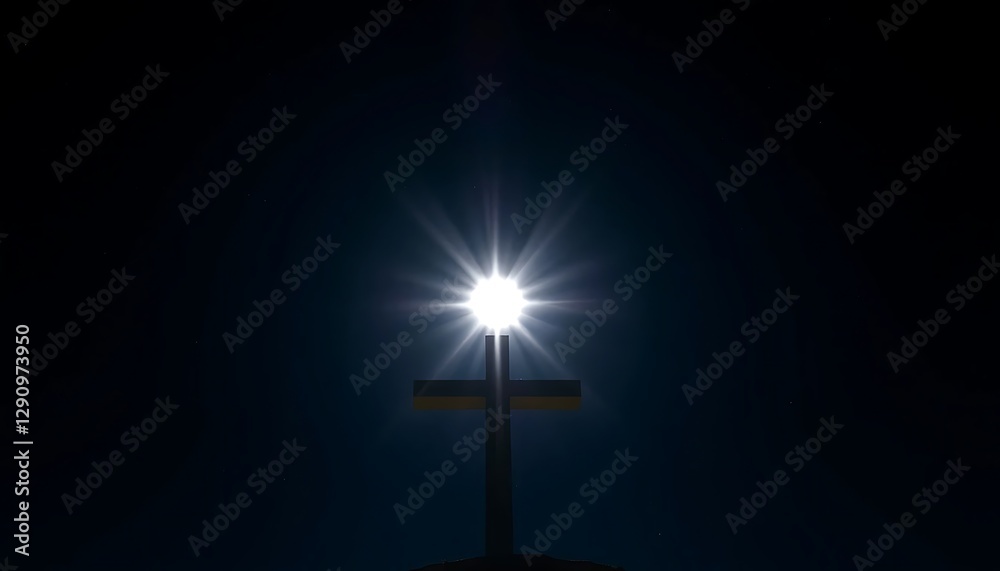 Christian Cross Silhouette with Bright Sun Flare Against Dark Night Sky Christian Cross Silhouette with Bright Sun Flare Against Dark Night Sky