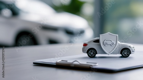 Car insurance concept with toy car and shield.