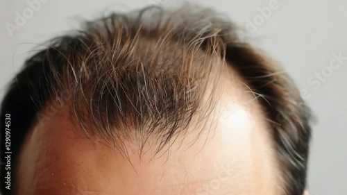 A close-up shot of a man's hairline showing thinning hair and grey strands, symbolizing aging, hair loss, and the natural process of growing older.
