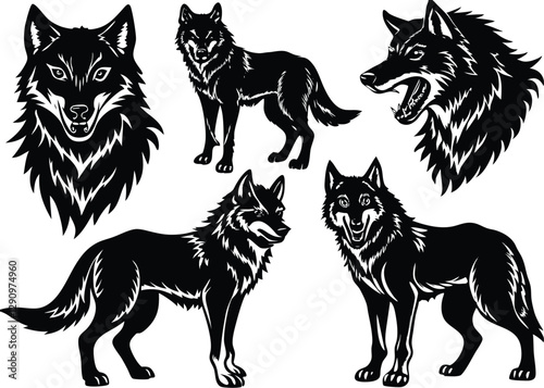 Wolf Silhouette set black Vector design, Wolf Illustration Vector animal set Design for Printing and Craft Projects.
