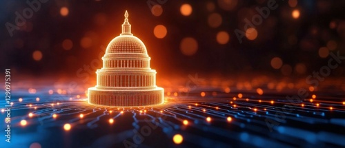 Building with a radiant glowing light atop its roof illuminating the night sky