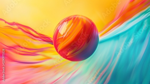 A rubber bouncy ball in mid-air, captured with motion blur against a bright background, showing its vibrant color and bouncing energy.