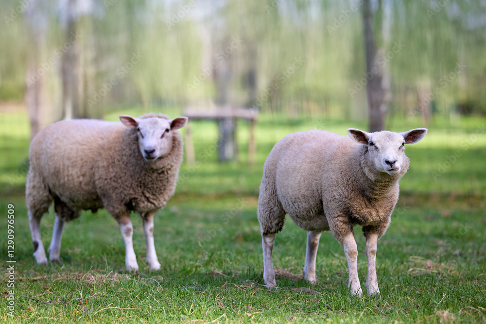 Two sheep stand on green grass with blurred trees in the background, facing the viewer. Two sheep stand on green grass with blurred trees in the background, facing the viewer.