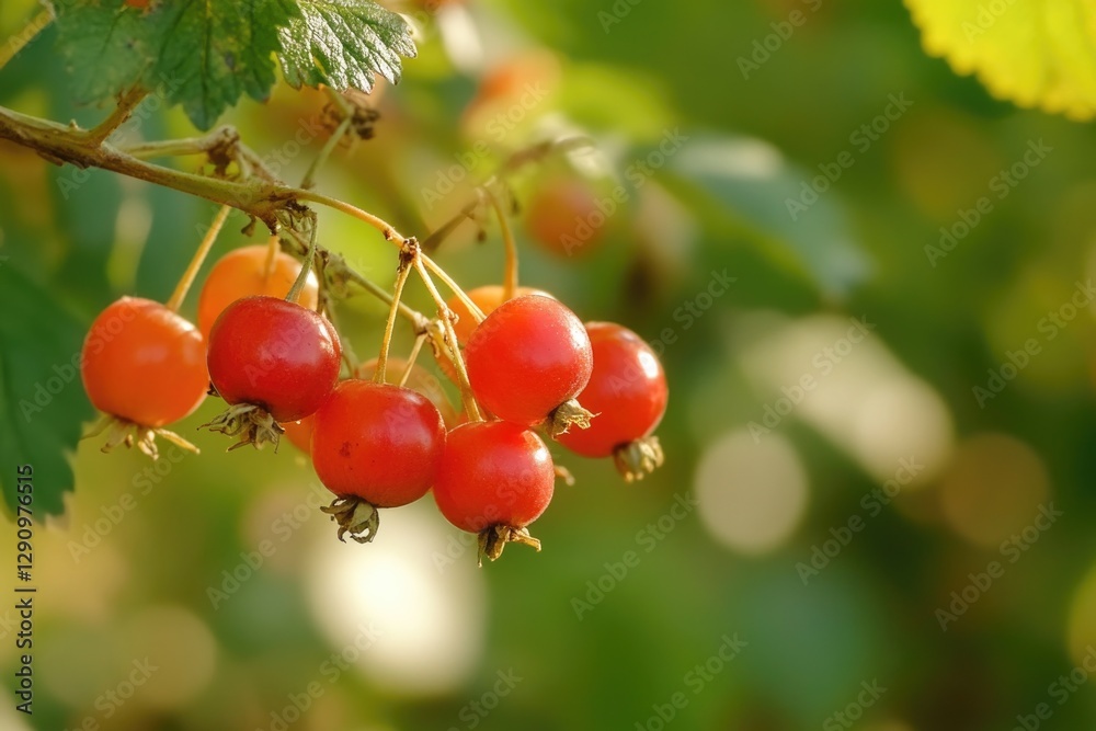A cluster of ripe red berries hangs from a tree branch, perfect for nature and outdoor themed designs A cluster of ripe red berries hangs from a tree branch, perfect for nature and outdoor themed designs