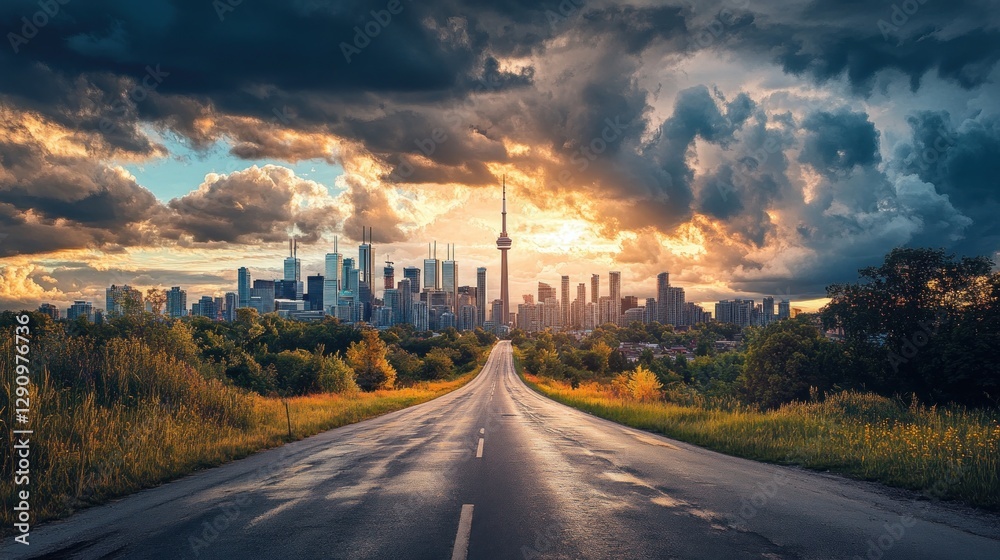Fototapeta premium Majestic sunset over a city skyline with a winding road leading in
