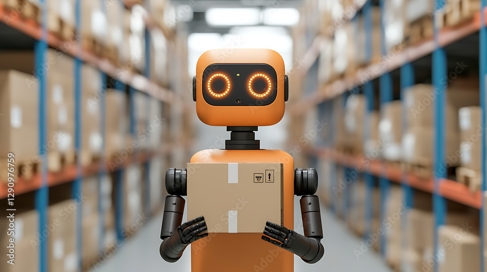 Futuristic robot with glowing sensors sorting packages in a warehouse industrial environment close-up view technology concept Futuristic robot with glowing sensors sorting packages in a warehouse industrial environment close-up view technology concept