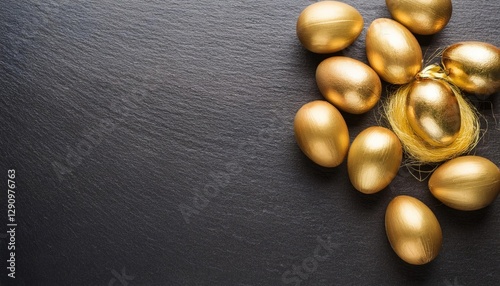 Easter Decoration With Golden Eggs on Dark Shale Background