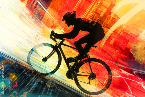 Silhouette of a cyclist in motion against a colorful abstract background, symbolizing speed, energy, and determination in urban cycling