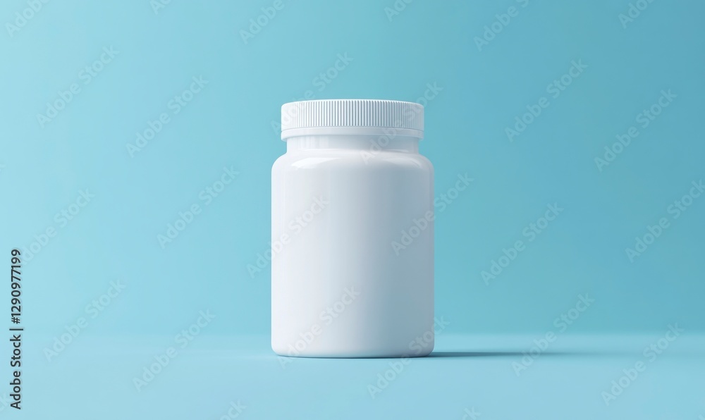White plastic bottle of health supplement on a blue background, with copy space for text and product advertising concept White plastic bottle of health supplement on a blue background, with copy space for text and product advertising concept