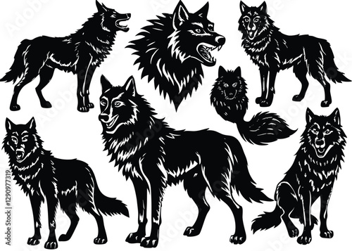 Wolf Silhouette set black Vector design, Wolf Illustration Vector animal set Design for Printing and Craft Projects.