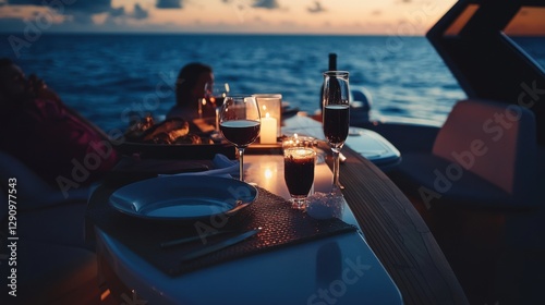 Lottery jackpot winner enjoying a gourmet dinner on a private yacht. Featuring indulgence and wealth