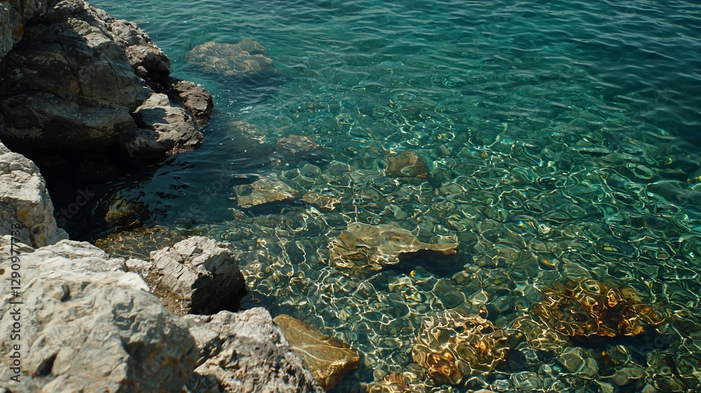 Crystal-clear coastal water, rocky shore, summer sun, calm sea, travel brochure Crystal-clear coastal water, rocky shore, summer sun, calm sea, travel brochure