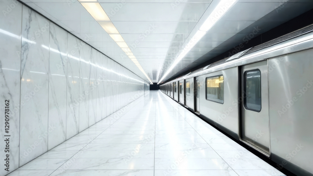 Fototapeta premium Empty subway station with metal train and white light interior. City transport system