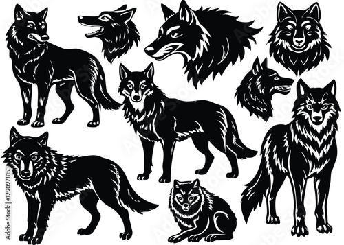 Wolf Silhouette set black Vector design, Wolf Illustration Vector animal set Design for Printing and Craft Projects.