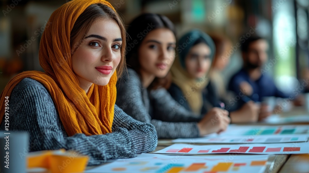 Fototapeta premium Diverse women in headscarves at cafe table, focused discussion