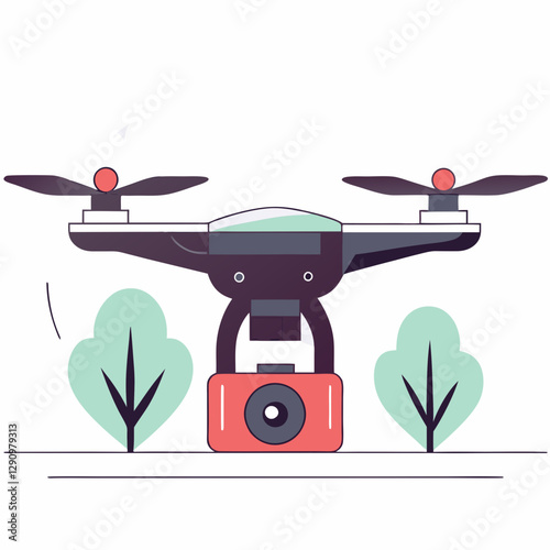 Stylized illustration of a drone with a camera hovering above ground level in a green environment