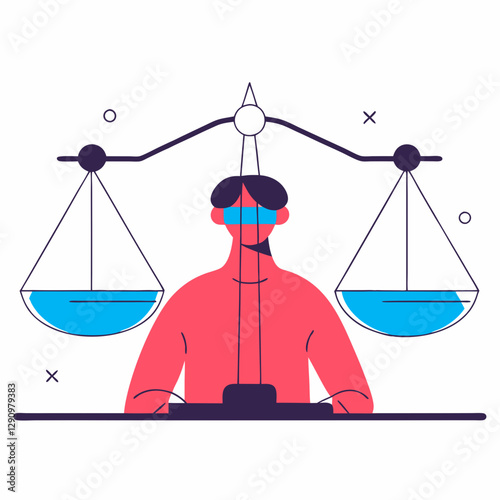 Stylized illustration of a person with glasses balancing scales, symbolizing justice and fairness
