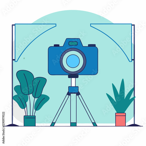 Stylized illustration of a camera on a tripod surrounded by plants in a photo studio