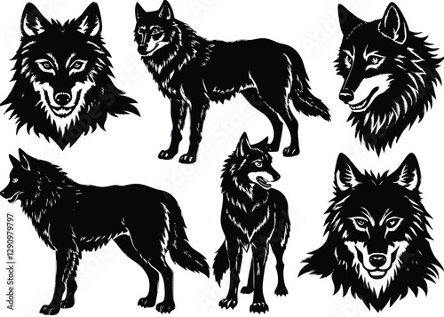Wolf Silhouette set black Vector design, Wolf Illustration Vector animal set Design for Printing and Craft Projects.