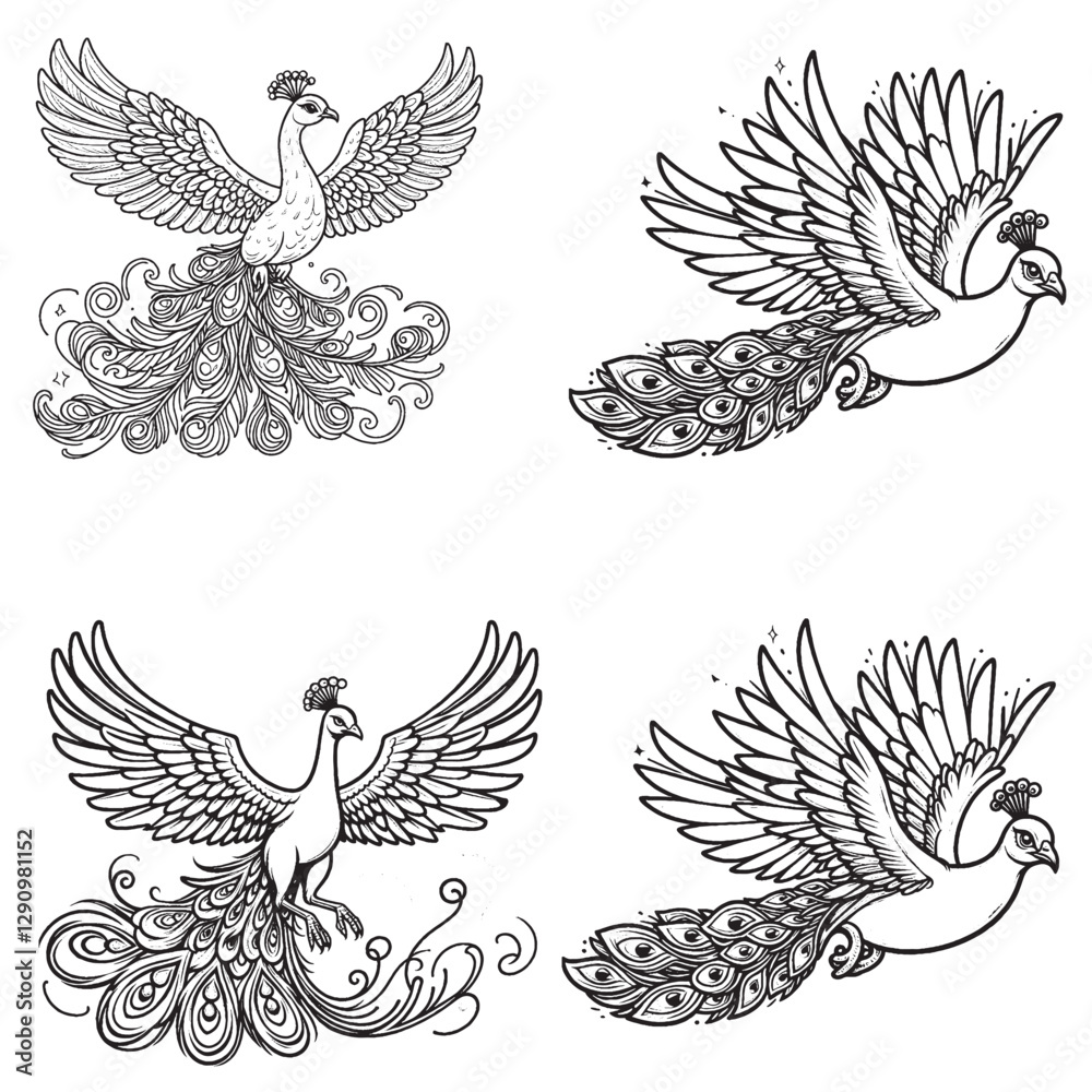 Fototapeta premium High-Quality Cute Cartoonic Peacock Flying Pose Vector Illustrations