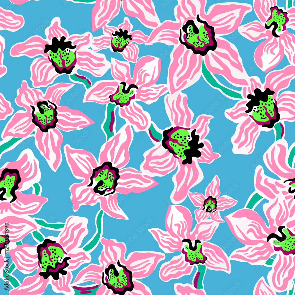 Patron florarl colorido con detalles rosados sobre fondo azul