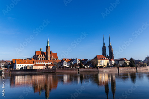 Panorama of Wroclaw, churches on the island of Tumski, Poland