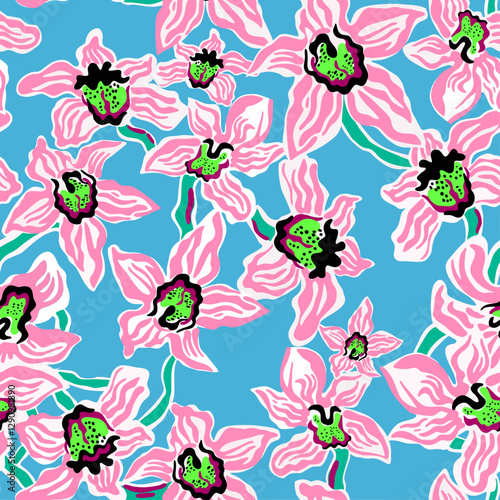 Patron florarl colorido con detalles rosados sobre fondo azul