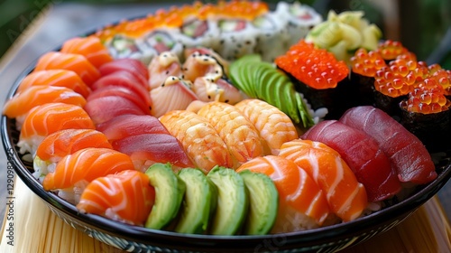 A beautifully arranged platter showcases a variety of sushi and sashimi, featuring fresh fish, colorful toppings, and garnishes, perfect for avid sushi lovers.