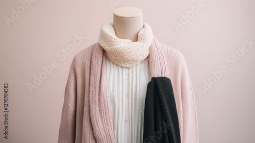Cozy pink sweater paired with a black and white scarf for a chic winter look