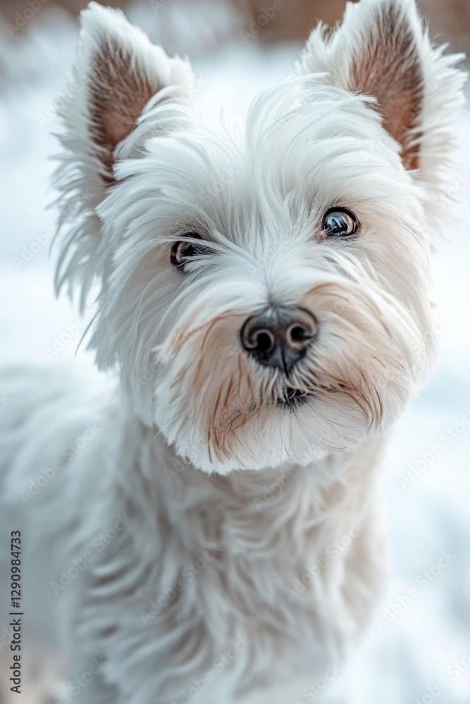 A small white dog standing in the snow A small white dog standing in the snow