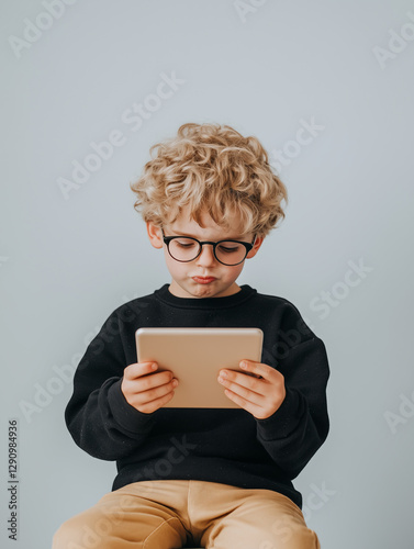 Curly-haired boy with glasses using a digital tablet for learning photo