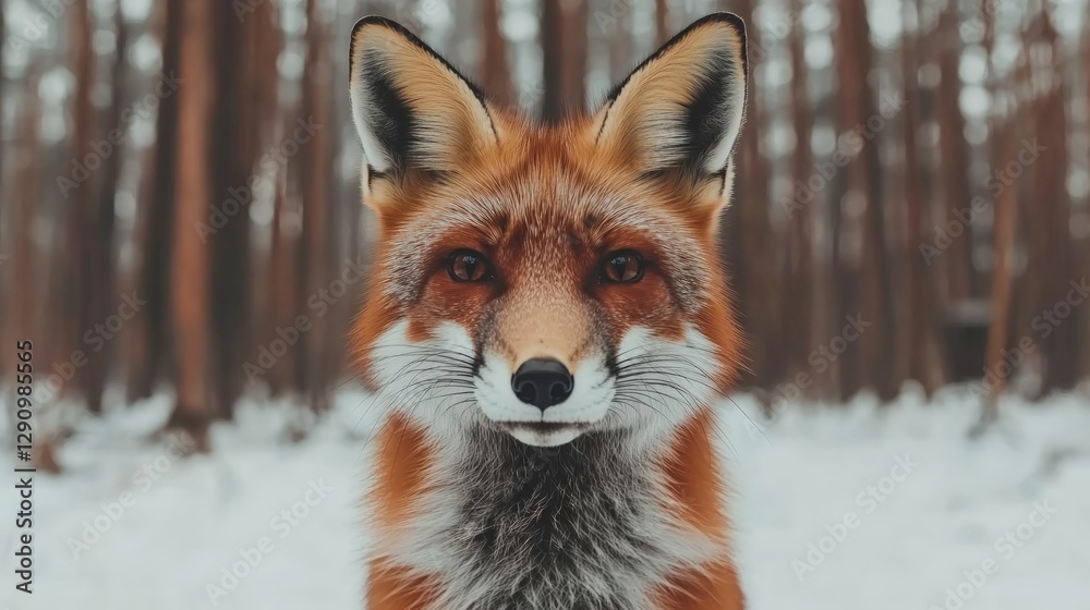Fototapeta premium Close-up View of a Red Fox in a Snowy Forest Setting During Winter Season