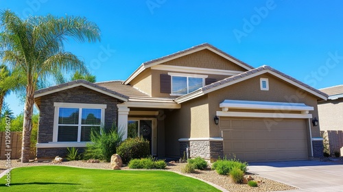 Wallpaper Mural Tan house with palm tree, green lawn, and desert landscaping under a blue sky. Torontodigital.ca