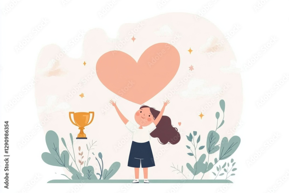 Heart-shaped cloud symbolizes pursuit of perfection in parenting with child holding trophy Heart-shaped cloud symbolizes pursuit of perfection in parenting with child holding trophy