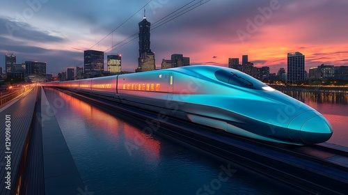 Futuristic High Speed Bullet Train on Railway with Colorful Sunset City Skyline Background, Modern Transportation Photography of Advanced Electric Maglev Technology in Urban Environment