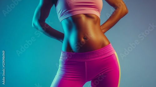 Focus on a fit female belly highlighted by soft, colorful lighting. The subject showcases strength and confidence, embodying a healthy, active lifestyle in stylish athletic wear