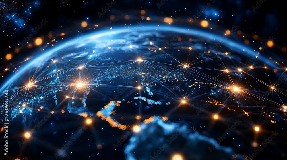 Global network connections, earth at night, digital space, internet communications, technology background. Global network connections, earth at night, digital space, internet communications, technology background.