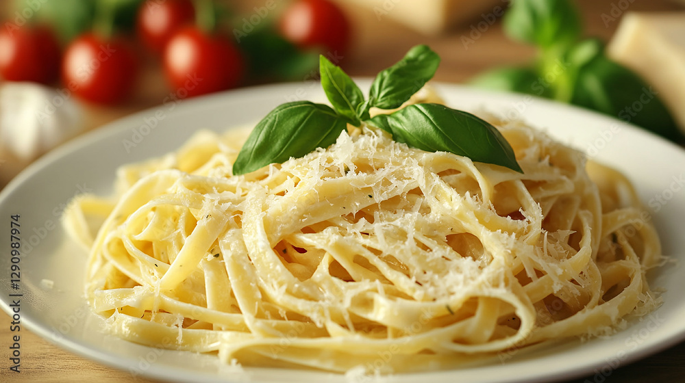 A plate of creamy pasta with Parmesan cheese A plate of creamy pasta with Parmesan cheese